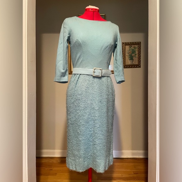 Vintage 1960s Baby Blue Glamorous Boucle Textured Skirt Belted Pencil Dress - Picture 4 of 15